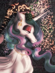 Size: 2448x3264 | Tagged: safe, artist:princessrosemcmitten, princess celestia, alicorn, pony, g4, abstract background, bust, candy, candy cane, christmas, ear piercing, earring, female, festive, food, hat, high res, holiday, jewelry, lidded eyes, mare, necklace, piercing, portrait, santa hat, smiling, snowman, solo