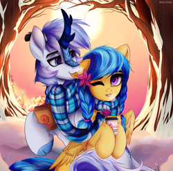 Size: 1900x1875 | Tagged: safe, artist:sinigam41, oc, oc only, oc:code quill, oc:jeppesen, kirin, pegasus, pony, biting, braid, clothes, cloven hooves, coffee, commission, condensation, cuddling, cute, donut, duo, ear bite, feather, female, flower, flower in hair, food, group photo, horn, interspecies, kirin oc, leg fluff, leonine tail, male, mare, multicolored hair, multicolored mane, multicolored tail, oc x oc, one eye closed, pegasus oc, quill, scales, scarf, shared clothing, shared scarf, shipping, smiling, stallion, straight, sunset, twin braids, wings, ych result