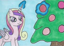 Size: 346x249 | Tagged: safe, artist:bluewolf-2020, princess cadance, alicorn, pony, g4, christmas, christmas decoration, christmas tree, decorating, female, holiday, looking down, mare, solo, traditional art, tree