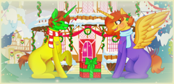 Size: 3632x1760 | Tagged: safe, artist:doraeartdreams-aspy, edit, oc, oc:aspen, oc:ryan, alicorn, pony, unicorn, alicorn oc, base used, bodysuit, bow, catsuit, clothes, couple, duo, eyes closed, female, happy, hearth's warming eve, hippie, horn, jewelry, male, necklace, peace suit, peace symbol, ponyville, present, romantic, rubber suit, scarf, straight, unicorn oc, wings, winter