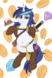 Size: 960x1444 | Tagged: safe, artist:jargon scott, shining armor, pony, unicorn, g4, armor, belly button, boots, cake, chubby, coin, fat, female, food, gem, gleaming shield, loincloth, looking at you, mare, rule 63, shining blubber, shoes, smiling, solo, sword, unconvincing armor, weapon
