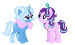 Size: 742x441 | Tagged: safe, artist:meimelland, starlight glimmer, trixie, g4, alternate hairstyle, female, horn, horn ring, jewelry, lesbian, necklace, race swap, ring, ship:startrix, shipping