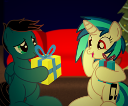 Size: 7968x6600 | Tagged: safe, artist:agkandphotomaker2000, dj pon-3, vinyl scratch, oc, oc:pony video maker, pegasus, pony, unicorn, g4, blurry background, canon x oc, christmas, christmas tree, couch, female, gift exchange, hearth's warming eve, holding, holiday, male, present, shipping, show accurate, straight, surprised, tree, videoscratch