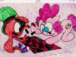 Size: 960x720 | Tagged: artist needed, source needed, safe, pinkie pie, earth pony, pony, g4, checkers, crossover, duo, female, male, tongue out, wander (wander over yonder), wander over yonder