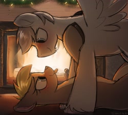 Size: 3347x3000 | Tagged: safe, artist:selenophile, oc, oc only, oc:canvas, oc:seleno, deer, pegasus, pony, :p, cute, deer oc, duo, fire, fireplace, garland, high res, looking at each other, spread wings, tongue out, wings