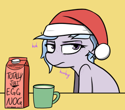 Size: 1450x1280 | Tagged: safe, artist:pinkberry, oc, oc only, oc:winter azure, earth pony, pony, christmas, colt, cute, earth pony oc, eggnog, eyelashes, foal, freckles, frown, girly, hat, holiday, looking offscreen, male, mug, ocbetes, santa hat, shoulder freckles, solo, spiked drink, tired, trap, upset