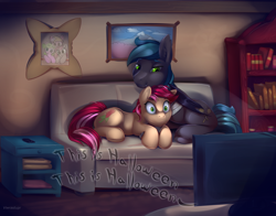 Size: 4200x3300 | Tagged: safe, artist:viwrastupr, daisy, flower wishes, lily, lily valley, roseluck, oc, oc:spark gap, bat pony, earth pony, pony, fanfic:fine print, g4, bat pony oc, bat wings, canon x oc, couch, fanfic art, female, fimfiction, flower trio, male, mare, rosegap, stallion, television, the nightmare before christmas, trio, wings