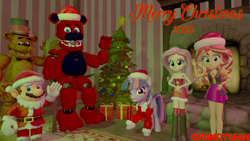 Size: 3840x2160 | Tagged: safe, artist:optimussparkle, fluttershy, sunset shimmer, twilight sparkle, alicorn, bear, human, pony, robot, equestria girls, g4, 3d, christmas, christmas lights, christmas ornament, christmas ornaments, christmas outfit, christmas presents, christmas tree, clothes, costume, crossover, decoration, female, five nights at freddy's, freddy fazbear, hat, high res, holiday, male, mare, mario, merry christmas, present, santa costume, santa hat, source filmmaker, super mario bros., tree, twilight sparkle (alicorn)