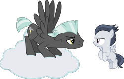 Size: 9177x5847 | Tagged: safe, artist:cloudy glow, artist:dashiesparkle edit, artist:gurugrendo, edit, editor:slayerbvc, vector edit, rumble, thunderlane, pegasus, pony, g4, brothers, cloud, coat markings, colt, eye contact, floating, flying, grin, looking at each other, male, siblings, simple background, smiling, socks (coat markings), stallion, transparent background, vector