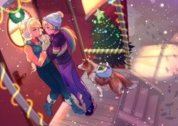 Size: 2048x1447 | Tagged: safe, artist:卯卯七, applejack, rainbow dash, tank, winona, dog, equestria girls, g4, anime, christmas, christmas lights, christmas tree, female, holiday, human coloration, lesbian, ship:appledash, shipping, snow, snowfall, tree