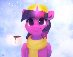 Size: 3067x2411 | Tagged: safe, artist:thefloatingtree, twilight sparkle, alicorn, pony, g4, bust, clothes, female, folded wings, front view, full face view, glowing horn, hat, high res, horn, hot drink, magic, mare, mug, scarf, smiling, snow, snowfall, solo, telekinesis, twilight sparkle (alicorn), wings, winter outfit