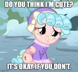 Size: 539x500 | Tagged: safe, edit, edited screencap, screencap, cozy glow, pegasus, pony, frenemies (episode), g4, bronybait, caption, clothes, cozybetes, cute, female, filly, foal, image macro, imgflip, solo, text, winter outfit