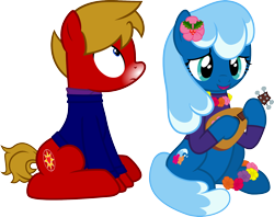 Size: 2000x1586 | Tagged: safe, artist:pilot231, oc, oc only, oc:max mustang, oc:sea foam ep, earth pony, pony, 2021 community collab, derpibooru community collaboration, clothes, female, holly, lei, male, mare, musical instrument, simple background, snow tip nose, stallion, sweater, transparent background, ukulele, vector