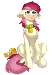 Size: 1999x2883 | Tagged: safe, artist:chibadeer, roseluck, cat, cat pony, original species, pony, g4, behaving like a cat, broken, chest fluff, christmas ornament, collar, commissioner:doom9454, cute, decoration, female, floppy ears, fluffy, mare, pet tag, pony pet, purring, rosepet, solo