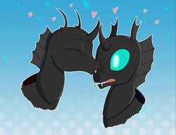 Size: 1553x1190 | Tagged: safe, artist:cha-squared, oc, oc only, oc:coxa, oc:mimesis, changeling, pony, abstract background, cheek kiss, couple, heart, kissing, oc x oc, red changeling, secret santa, shipping, surprised