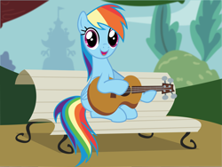 Size: 3841x2882 | Tagged: safe, anonymous artist, derpibooru exclusive, rainbow dash, pegasus, pony, g4, .svg available, bench, eyelashes, female, foal house, full house, guitar, high res, mare, musical instrument, open mouth, outdoors, sitting, smiling, solo, svg, tree, vector
