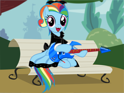 Size: 3841x2882 | Tagged: safe, alternate version, anonymous artist, derpibooru exclusive, rainbow dash, pegasus, pony, equestria girls, equestria girls specials, g4, my little pony equestria girls: better together, my little pony equestria girls: rollercoaster of friendship, .svg available, 1950s, 1950s rainbow dash, alternate hairstyle, bench, bow, clothes, dress, equestria girls outfit, eyelashes, female, foal house, full house, guitar, hair bow, high res, lipstick, mare, musical instrument, open mouth, outdoors, poodle skirt, red lipstick, sitting, skirt, smiling, solo, svg, tree, vector