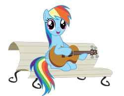 Size: 3841x2980 | Tagged: safe, alternate version, anonymous artist, derpibooru exclusive, rainbow dash, pegasus, pony, .svg available, background removed, bench, eyelashes, female, foal house, guitar, mare, musical instrument, open mouth, outdoors, simple background, sitting, smiling, solo, svg, transparent background, tree, vector