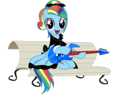 Size: 3841x2980 | Tagged: safe, alternate version, anonymous artist, derpibooru exclusive, rainbow dash, pegasus, pony, equestria girls, equestria girls specials, g4, my little pony equestria girls: better together, my little pony equestria girls: rollercoaster of friendship, .svg available, 1950s, 1950s rainbow dash, alternate hairstyle, background removed, bench, bow, clothes, dress, equestria girls outfit, eyelashes, female, foal house, full house, guitar, hair bow, high res, lipstick, mare, musical instrument, open mouth, poodle skirt, red lipstick, simple background, sitting, skirt, smiling, solo, svg, transparent background, vector