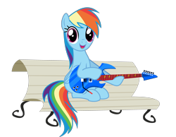 Size: 3841x2980 | Tagged: safe, alternate version, anonymous artist, derpibooru exclusive, rainbow dash, pegasus, pony, g4, .svg available, background removed, bench, eyelashes, female, foal house, full house, guitar, high res, mare, musical instrument, open mouth, outdoors, simple background, sitting, smiling, solo, svg, transparent background, tree, vector