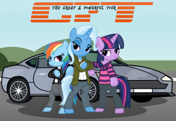 Size: 2400x1655 | Tagged: safe, artist:grapefruitface1, rainbow dash, trixie, twilight sparkle, pony, g4, aston martin, aston martin dbr9, base used, car, clothes, cosplay, costume, crossed arms, crossover, jacket, leaning, leather jacket, outdoors, polo shirt, pose, road, shirt, show accurate, striped shirt, the grand tour, top gear