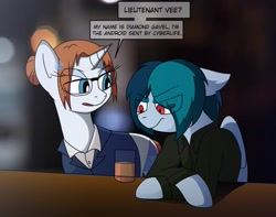 Size: 1900x1500 | Tagged: safe, artist:wolftendragon, oc, oc:delta vee, oc:diamond gavel, android, pegasus, pony, robot, unicorn, bar, clothes, comic, crossover, detroit: become human, dialogue, fanart, the implications are horrible, video game