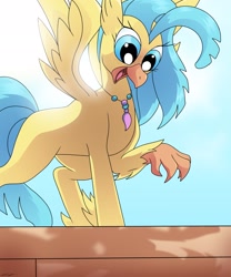 Size: 1707x2048 | Tagged: safe, artist:wolftendragon, princess skystar, hippogriff, g4, my little pony: the movie, happy, looking down, open mouth, spread wings, staircase, stairs, wings