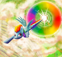 Size: 7000x6400 | Tagged: safe, artist:cyonixcymatro, rainbow dash, pegasus, pony, g4, absurd resolution, female, flying, mare, rainbow trail, solo, sonic rainboom