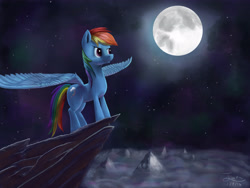 Size: 4000x3000 | Tagged: safe, artist:cyonixcymatro, rainbow dash, pegasus, pony, g4, female, mare, moon, mountain, night, scenery, solo, spread wings, wings