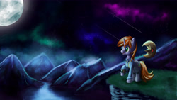 Size: 6400x3600 | Tagged: safe, artist:cyonixcymatro, oc, oc only, oc:littlepip, pony, unicorn, fallout equestria, absurd resolution, female, mare, moon, mountain, night, raised hoof, scenery, solo