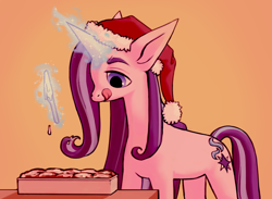 Size: 1000x730 | Tagged: safe, artist:starstation, starlight glimmer, pony, unicorn, g4, cake, christmas, food, glowing horn, hat, holiday, horn, knife, santa hat, solo