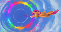 Size: 1383x738 | Tagged: safe, artist:cyonixcymatro, rainbow dash, scootaloo, pegasus, pony, g4, atg 2019, flying, newbie artist training grounds, rainbow trail, scootaloo can fly, sky, sonic rainboom