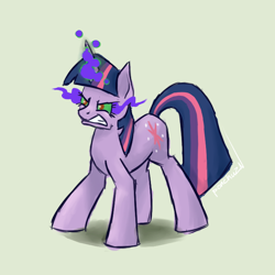 Size: 700x700 | Tagged: safe, artist:aarqzn, twilight sparkle, pony, unicorn, g4, brown background, dark magic, glowing horn, gritted teeth, horn, magic, simple background, solo, sombra eyes, unicorn twilight, yellow background