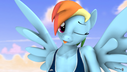 Size: 1920x1080 | Tagged: safe, artist:spinostud, rainbow dash, anthro, g4, 3d, clothes, female, one eye closed, solo, source filmmaker, tongue out, wink