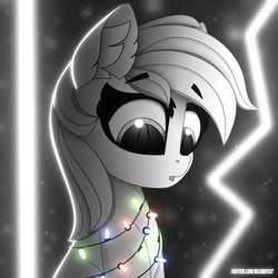 Size: 1920x1920 | Tagged: dead source, safe, alternate version, artist:alexbefest, oc, oc only, earth pony, pony, christmas, christmas lights, christmas tree, holiday, monochrome, neo noir, partial color, solo, tree
