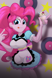 Size: 1600x2400 | Tagged: safe, artist:geraritydevillefort, pinkie pie, coinky-dink world, equestria girls, g4, my little pony equestria girls: summertime shorts, breasts, busty pinkie pie, licking, licking lips, looking at you, milkshake, server pinkie pie, smiling, smiling at you, solo, tongue out