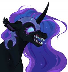 Size: 1280x1343 | Tagged: safe, artist:switchsugar, nightmare moon, alicorn, pony, g4, cheek fluff, ear fluff, fangs, floppy ears, scary, sharp teeth, simple background, snarling, solo, teeth, white background