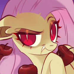 Size: 400x400 | Tagged: safe, artist:switchsugar, fluttershy, bat pony, pony, g4, apple, bat ponified, bust, cute, dreamworks face, fangs, female, flutterbat, food, hoof hold, looking at you, mare, portrait, race swap, red eyes, shyabates, shyabetes, slit pupils, smiling, solo, three quarter view