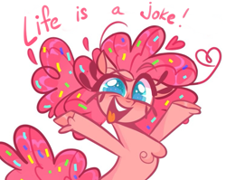Size: 747x594 | Tagged: safe, artist:switchsugar, pinkie pie, earth pony, pony, g4.5, my little pony: pony life, colored pupils, dissonant caption, hooves in air, open mouth, simple background, smiling, solo, subversive kawaii, text, white background