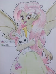 Size: 3120x4160 | Tagged: safe, artist:crydevi, angel bunny, fluttershy, bat pony, rabbit, equestria girls, g4, animal, backpack, bat ponified, claws, fangs, flutterbat, open mouth, open smile, ponied up, race swap, red eyes, smiling