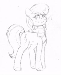 Size: 2856x3497 | Tagged: safe, artist:lightisanasshole, octavia melody, earth pony, pony, g4, blushing, clothes, colored hooves, ear fluff, female, high res, looking at you, scarf, sketch, solo, traditional art, winter outfit