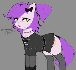 Size: 1203x1121 | Tagged: safe, artist:lunarmarshy, oc, oc only, oc:marshmallow, earth pony, pony, belt, blushing, bow, clothes, cute, cutie mark, dress, fishnet stockings, jewelry, lipstick, makeup, mole, necklace, pink coat, ponytail, purple hair, solo, speech, stockings, talking, thigh highs, trembling, yellow eyes