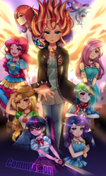 Size: 1280x2134 | Tagged: safe, artist:hanasakiyunarin, applejack, fluttershy, moondancer, pinkie pie, rainbow dash, rarity, sci-twi, sunset shimmer, trixie, twilight sparkle, fanfic:spectacular seven, equestria girls, g4, commission, cutie mark accessory, daydream shimmer, fiery wings, geode of empathy, geode of fauna, geode of shielding, geode of sugar bombs, geode of super speed, geode of super strength, geode of telekinesis, humane five, humane seven, humane six, magical geodes, open mouth, smiling, sword, weapon, wings
