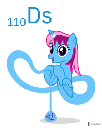 Size: 4000x5000 | Tagged: safe, artist:parclytaxel, oc, oc only, oc:parcly taxel, alicorn, genie, genie pony, pony, albumin flask, series:joycall6's periodic table, trotcon, trotcon online, .svg available, absurd resolution, alicorn oc, bottle, chemistry, darmstadtium, female, floating, horn, looking at you, mare, periodic table, simple background, smiling, solo, tail, tail pull, vector, white background, wings