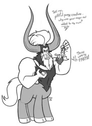Size: 584x800 | Tagged: safe, lord tirek, alicorn, centaur, pony, g4, cloven hooves, grayscale, implied farting, male, monochrome, nose piercing, nose ring, piercing, septum piercing, simple background, white background