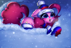 Size: 2853x1932 | Tagged: safe, artist:mite-lime, pinkie pie, earth pony, pony, g4, blushing, cheek fluff, clothes, cold, cute, diapinkes, dock, dock fluff, ear fluff, floppy ears, hat, open mouth, russia, scarf, snow, snowfall, snowflake, solo, stockings, thigh highs, winter