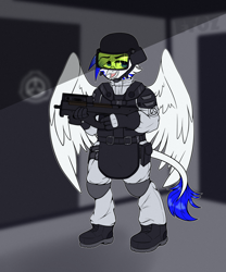 Size: 2000x2400 | Tagged: safe, artist:etoz, oc, oc only, oc:light speed, griffon, unicorn, anthro, anthro oc, armpits, belt, boots, bulletproof vest, clothes, commission, eyebrows, gloves, griffon oc, gun, helmet, high res, male, pants, pockets, scp, scp foundation, shoes, smiling, solo, weapon, wingding eyes, wings
