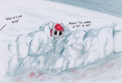 Size: 1280x878 | Tagged: safe, artist:myzanil, oc, oc only, oc:myza nil red, pegasus, pony, colored pencil drawing, looking at you, smiling, snow, solo, text, traditional art, true story, winter, young
