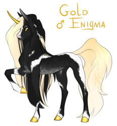 Size: 650x700 | Tagged: safe, artist:dementra369, oc, oc:gold enigma, pony, unicorn, coat markings, colored hooves, curved horn, dappled, gold, gold hooves, hooves, horn, long hair, male, simple background, skinny, thin, white background