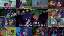 Size: 1986x1117 | Tagged: safe, edit, edited screencap, editor:quoterific, screencap, canter zoom, pinkie pie, sci-twi, sunset shimmer, timber spruce, twilight sparkle, equestria girls, g4, mad twience, my little pony equestria girls: better together, my little pony equestria girls: legend of everfree, my little pony equestria girls: summertime shorts, star crossed, unsolved selfie mysteries, collage, female, geode of telekinesis, magical geodes, male, shipping, straight, timbertwi